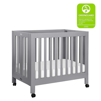 Babyletto Origami Mini Portable Folding Crib with Wheels in Grey, 2 Adjustable Mattress Positions, Greenguard Gold Certified