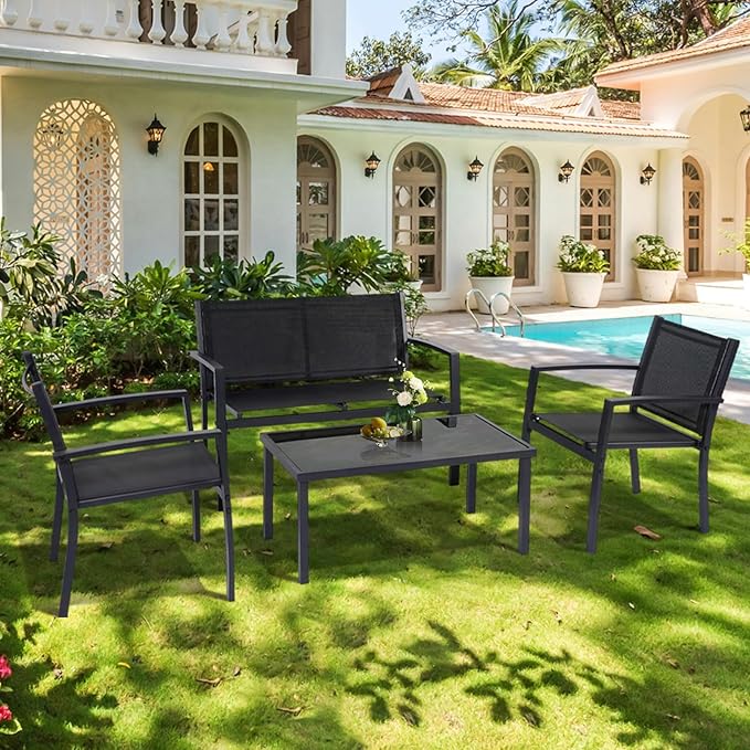 4 Pieces Patio Furniture Set Outdoor Garden Patio Conversation Sets Poolside Lawn Chairs with Tempered Glass Coffee Table Loveseat Porch Furniture Textilene Fabric Black