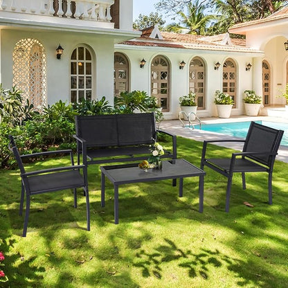 4 Pieces Patio Furniture Set Outdoor Garden Patio Conversation Sets Poolside Lawn Chairs with Tempered Glass Coffee Table Loveseat Porch Furniture Textilene Fabric Black