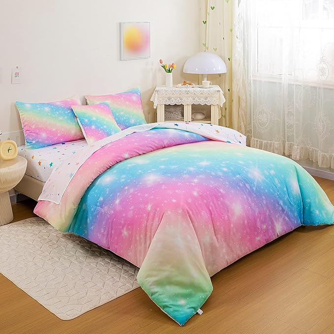 Glitter Galaxy Comforter Set 6 Pcs Bed in A Bag, Ombre Pink Blue Rainbow Girls Full Size Bedding Sets with Sheets