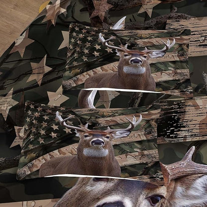 NINENINE Camo Deer Bedding Sets Full Size American Flag Comforter for Boys Adult Teens Western Theme Wildlife Forest Hunted Animal Comforter Sets with 1 Comforter 2 Pillowcases