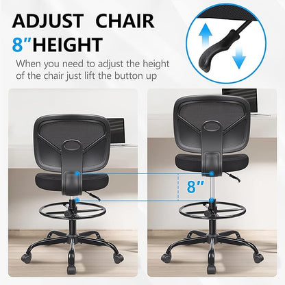 Primy Office Drafting Chair Armless, Tall Office Desk Chair Adjustable Height and Footring, Mid-back Ergonomic Standing Desk Chair Mesh Rolling Tall Chair for Art Room, Office or Home(Black)