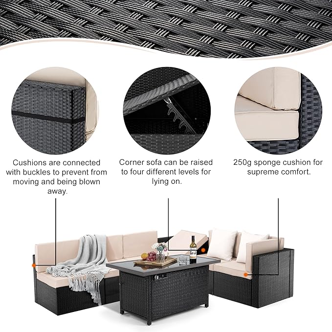 Pamapic 8 Pieces Patio Furniture Set Conversation Sofa with 42 Inch 50,000 BTU Auto-Ignition Outdoor Fire with Glass Wind Guard, Wicker Sofa (Black Wicker, Beige Cushions)