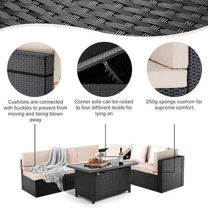 Pamapic 8 Pieces Patio Furniture Set Conversation Sofa with 42 Inch 50,000 BTU Auto-Ignition Outdoor Fire with Glass Wind Guard, Wicker Sofa (Black Wicker, Beige Cushions)