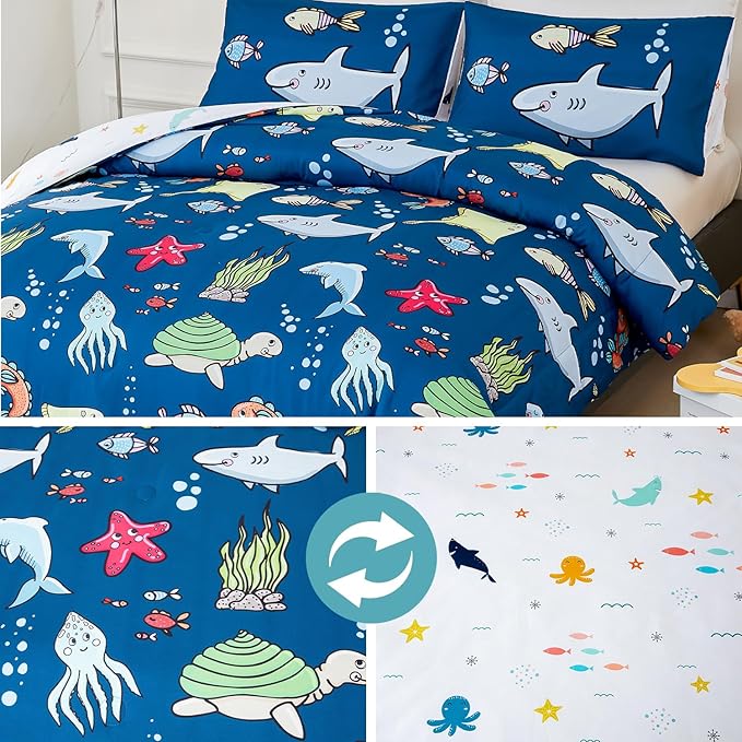 WINLIFE 3 PCS Full Comforter Set for Boys, Super-Soft Reversible Teen Bed Sets Comforter, Ocean Theme Printed Comforter, Easy Wash Bedding Quilt (3PCS, Navy Blue, Sharks/Dolphins/Fish)
