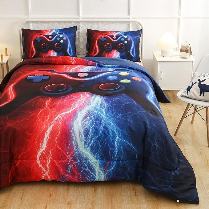 Meeting Story Gamer Gaming Bedding Sets Red-Blue Lightnings Gamepad Comforter Set for Boys Games Console Action Buttons Novelty Colorful Modern Room Decor Home Quilt Set (Red-Blue, Full)