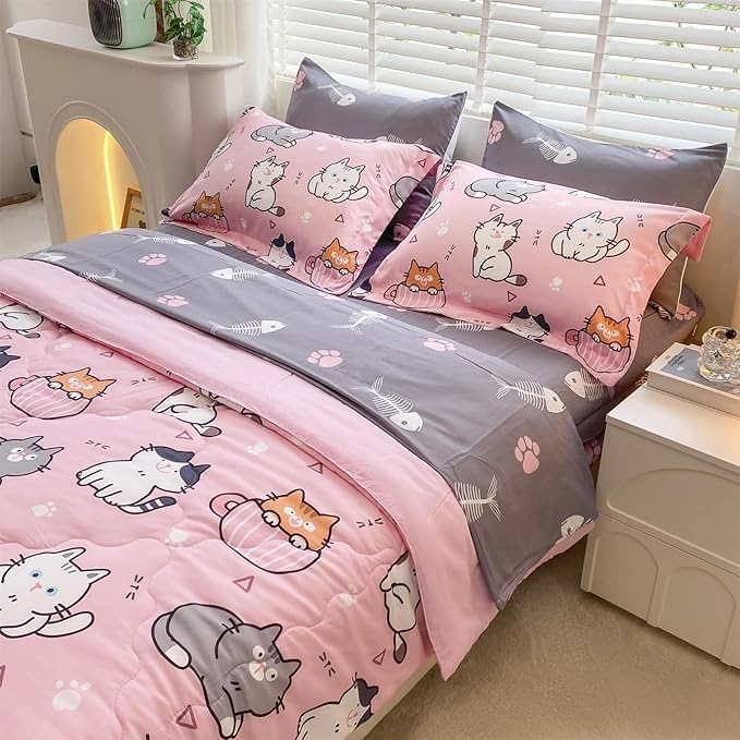 7 Piece Girls Cats Comforter Set Twin Size Bed in A Bag Pink Cute Cartoon Pet Cat Bedding Set for Kids Boys Teens (1 Comforter, 1 Flat Sheet, 1 Fitted Sheet, 4 Pillow Sham) Gray