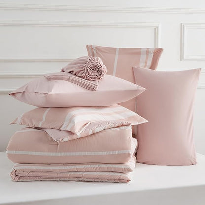 Bedsure Twin XL Comforter Set for College Girls, Pink Striped Bedding Comforter Sets All Season Bed Set with 1 Pillow Sham, Flat Sheet, Fitted Sheet and 1 Pillowcase