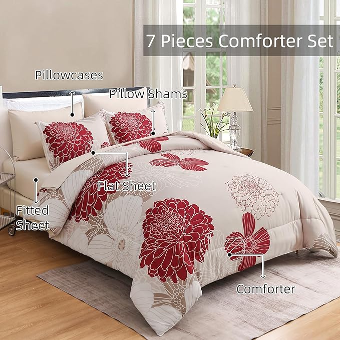 Yiran 7 Pieces King Comforter Set Red Floral Bed in a Bag Soft Microfiber Bedding Set 103"×90"(1 Comforter 1 Flat Sheet 1 Fitted Sheet 2 Pillowshams 2 Pillowcases)