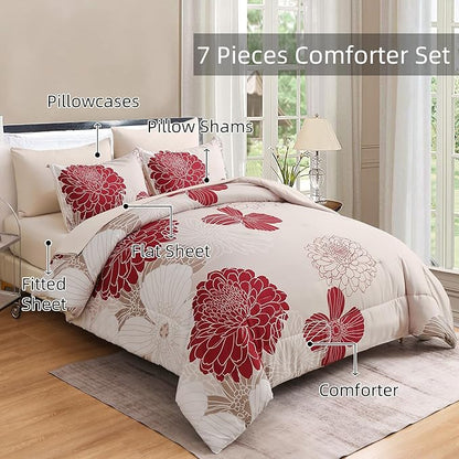 Yiran 7 Pieces King Comforter Set Red Floral Bed in a Bag Soft Microfiber Bedding Set 103"×90"(1 Comforter 1 Flat Sheet 1 Fitted Sheet 2 Pillowshams 2 Pillowcases)