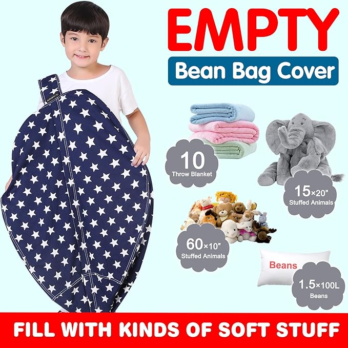 Lukeight Stuffed Animal Storage Bean Bag Chair Cover for Kids, Zipper Beanbag Chair Cover for Organizing Toddler & Kids' Rooms Plush Toys (Stars Navy, Large)