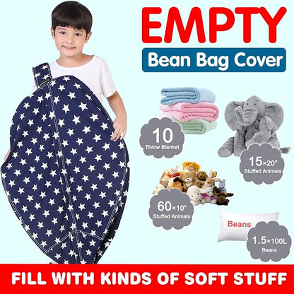 Lukeight Stuffed Animal Storage Bean Bag Chair Cover for Kids, Zipper Beanbag Chair Cover for Organizing Toddler & Kids' Rooms Plush Toys (Stars Navy, Large)