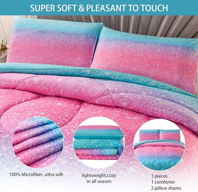 JQinHome Queen 3Pcs Glitter Comforter Sets for Girls, 3D Colorful Duvet Pink Rainbow Themed Bedding, All-Season Reversible Quilted Duvet,for Girls Women- includes 1 Comforter, 2 Pillowcases