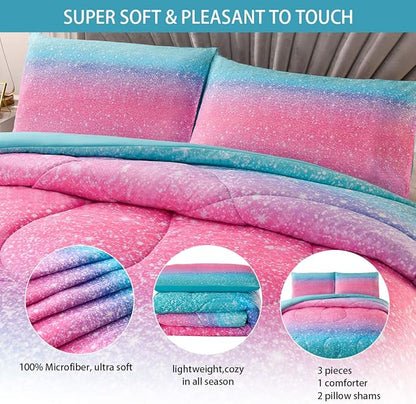 JQinHome Queen 3Pcs Glitter Comforter Sets for Girls, 3D Colorful Duvet Pink Rainbow Themed Bedding, All-Season Reversible Quilted Duvet,for Girls Women- includes 1 Comforter, 2 Pillowcases