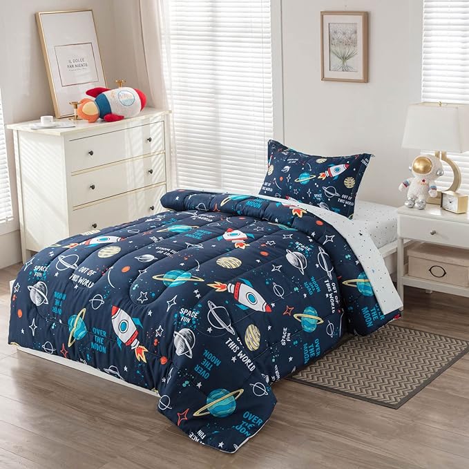 Planet Twin Comforter Set for Boys Girls 4-Piece Rocket Kids Bedding Sets Galaxy Space Stars Bedroom Decor - Include Reversible Comforter, Flat Sheet, Fitted Sheet and Pillowcase