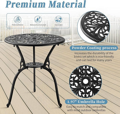 Patio Bistro Set 3 Piece Outdoor, All Weather Bistro Table and Chairs Set of 2 with Umbrella Hole, Outdoor Bistro Set with Cushions, Cast Aluminum Patio Furniture Set for Garden Porch