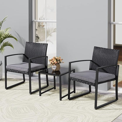 Shintenchi 3 Pieces Outdoor Patio Furniture Set, Modern Wicker Bistro Set, Conversation Rattan Chair of 2 with Coffee Table for Yard Porch Poolside Lawn(Grey Cushion)