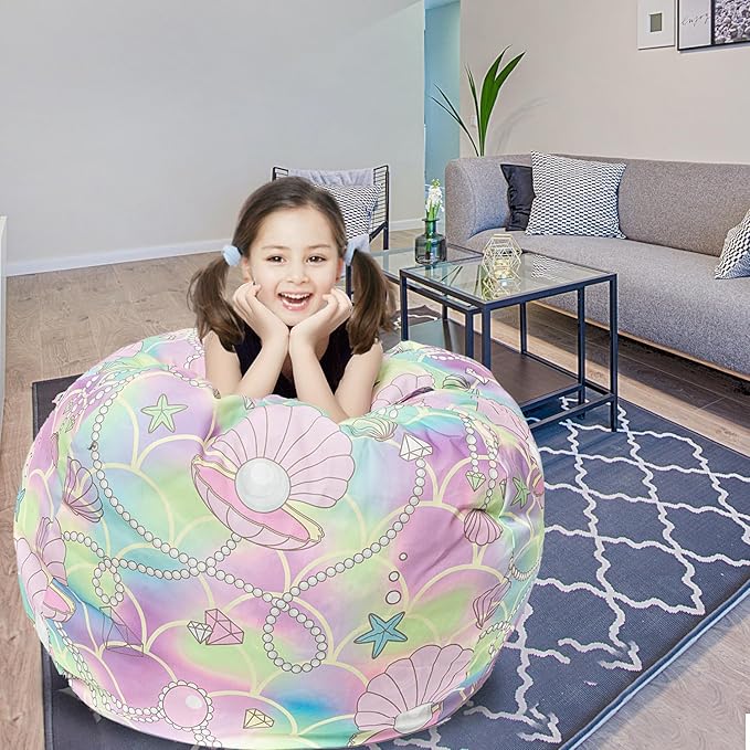 Stuffed Animal Storage Bean Bag Chair Cover, Hold Kids Plush Toys Blankets Towels Beanbag (Cover Only), Canvas Floor Circle Stuff Sit Seat Sofa with YKK Zipper, Extra Large 38", Pink Shell