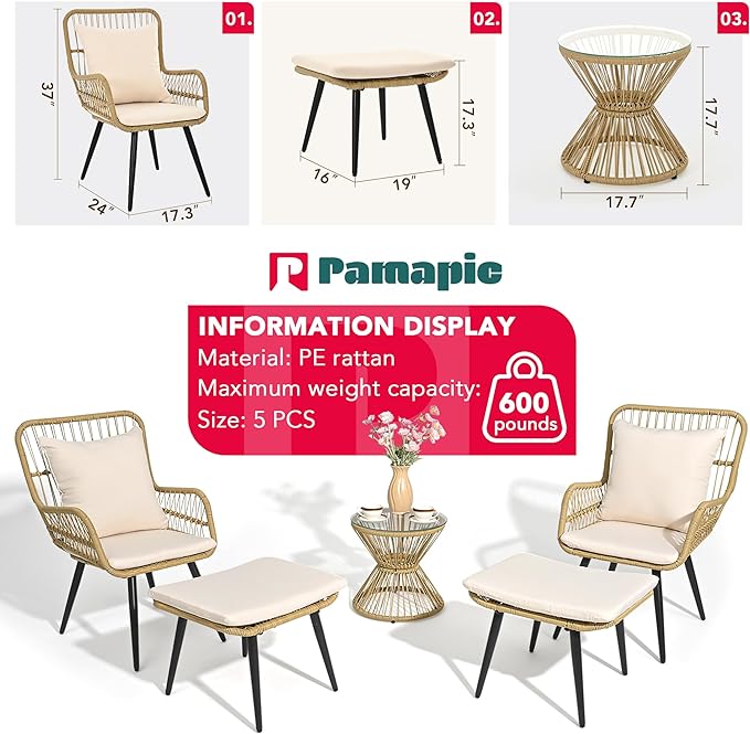 Pamapic Outdoor Patio Bistro Set with Ottoman 5 Piece Rattan Wicker Conversation Chair Sets Balcony Furniture Chairs for Yard Garden Porch Backyard Poolside, Beige