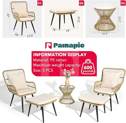 Pamapic Outdoor Patio Bistro Set with Ottoman 5 Piece Rattan Wicker Conversation Chair Sets Balcony Furniture Chairs for Yard Garden Porch Backyard Poolside, Beige