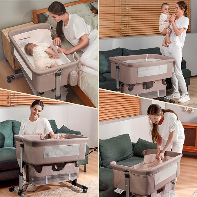 Baby Crib,3 in 1 Bedside Crib Adjustable Portable Bed for Infant,Baby Bassinet Baby Newborn Must Have Bed, Khaki