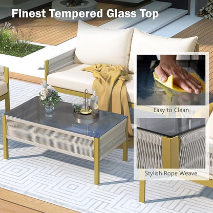 4-Piece Patio Conversation Furniture Set, Rope Weave Outdoor Loveseat Sofa with 2 Armchairs, Thick Cushion&Tempered Glass Table, for Garden Backyard, Onesize, Beige+Mustard Yellow