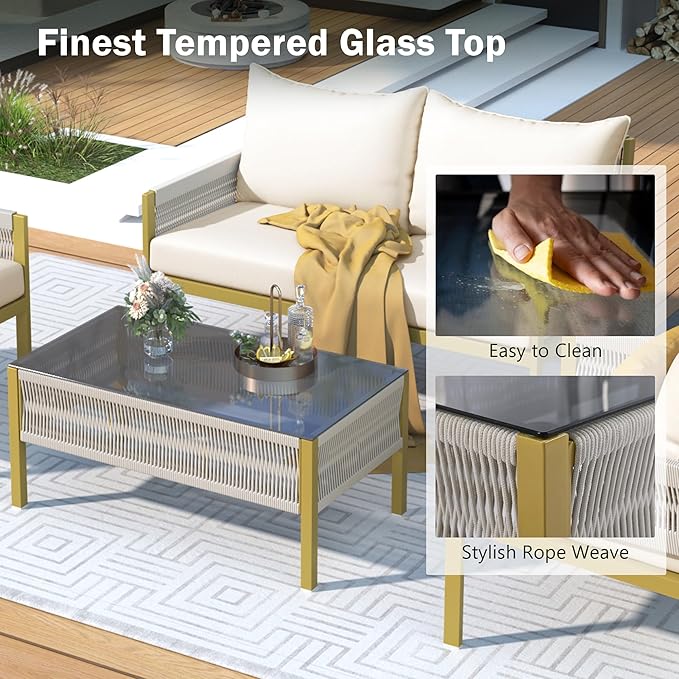 4 Piece Patio Furniture Set, Outdoor FSC Certified Acacia Wood Conversation Set, All-Weather Rope Sofa Set w/Tempered Glass Table, Loveseat for Lawn Balcony Poolside, Backyard, Backyard