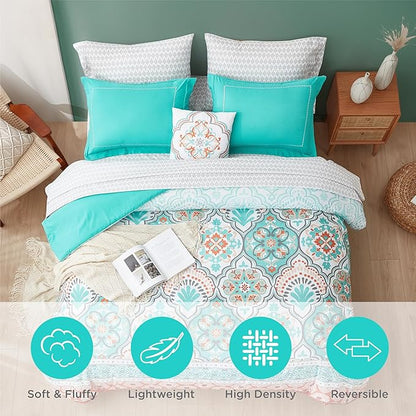 Degrees of Comfort Bed in a Bag Twin XL, Boho Medallion Comforter Sets for College, Microfiber 6 Pieces Bedding Set with Sheet, Matching Decorative Pillow, Aqua