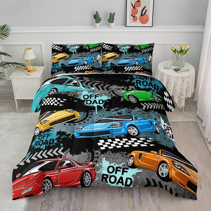 Axolotl Car Comforter Set Full Size,Cool Speed Race Car Comforter for Kids Boys Girls Teens Bedroom,Extreme Sport Quilt Duvet 1 Comforter 2 Pillowcase Car Racing Gifts,Blue Red Orange