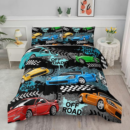 Axolotl Car Comforter Set Full Size,Cool Speed Race Car Comforter for Kids Boys Girls Teens Bedroom,Extreme Sport Quilt Duvet 1 Comforter 2 Pillowcase Car Racing Gifts,Blue Red Orange