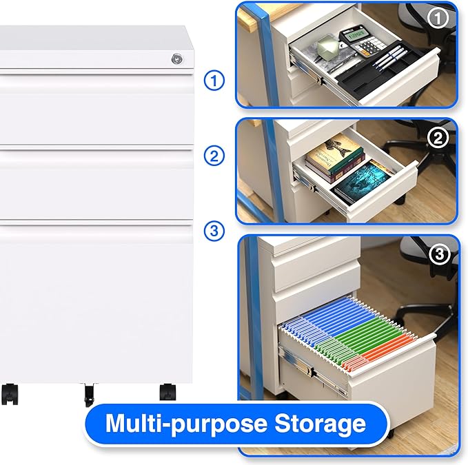 Mobile File Cabinet Under Desk, 3 Drawers Metal File Cabinet with Wheels, Rolling Filing Cabinets with Lock for Home Office Letter/Legal/A4