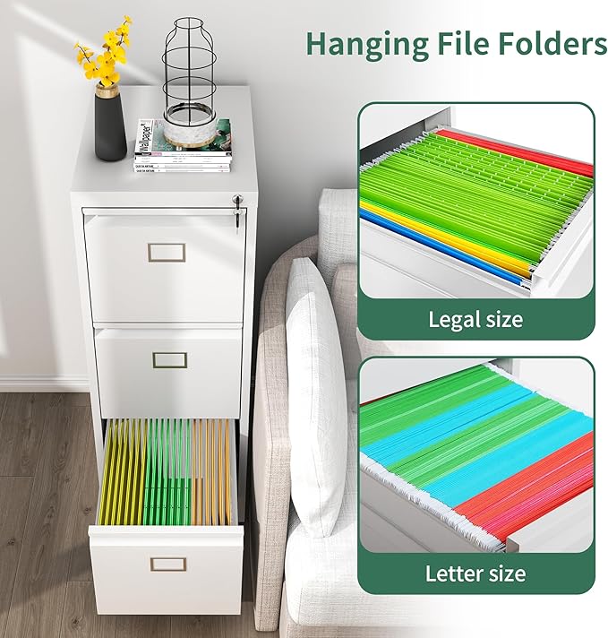3 Drawer File Cabinet, Metal Vertical File Cabinets with Lock for Home Office, Office Steel Filing Cabinet for Hanging Files for A4/ Legal/Letter,Assembly Required (White)