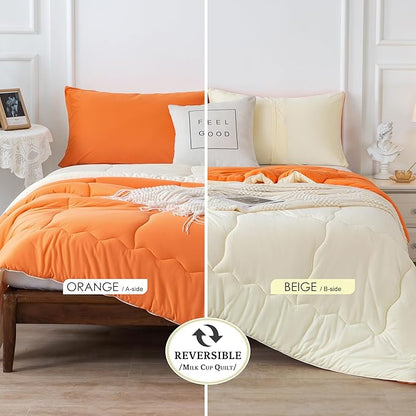 COTTEBED Reversible Ultra-Soft Bright Orange Beige Twin Comforter Set for Girl Boy Kid Dorm, Jersey Knit T-Shirt Feel Cute Lightweight Cozy Comfy Bedding Blanket Down Conforter All Season Twin/Twin XL