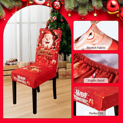 6PCS Christmas Dining Chair Covers Stretch Removable Washable Dining Room Chair Protector Slipcover 3D Print Santa Claus Deer Kitchen Chair Cover Slipcovers Protector for Xmas Holiday Party Home Décor