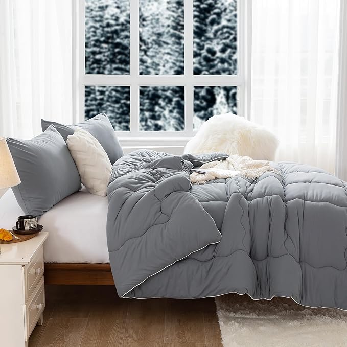 COTTEBED Warm Softness Twin Comforters Sets for Girls Kids College Dorm, Thick Breathable Fluffy Cozy Comfy Bed Down Comforter & Pillowsham Winter, Twin/Twin XL Dark Gray