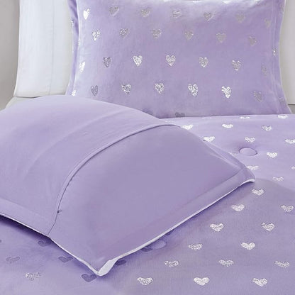 Mi Zone Rosalie Comforter Set for Girls, Ultra-Soft Microlight Plush Metallic Printed Hearts Brushed Reverse Overfilled Down Alternative Hypoallergenic All Season, Twin/Twin XL, Purple/Silver, 3 Piece