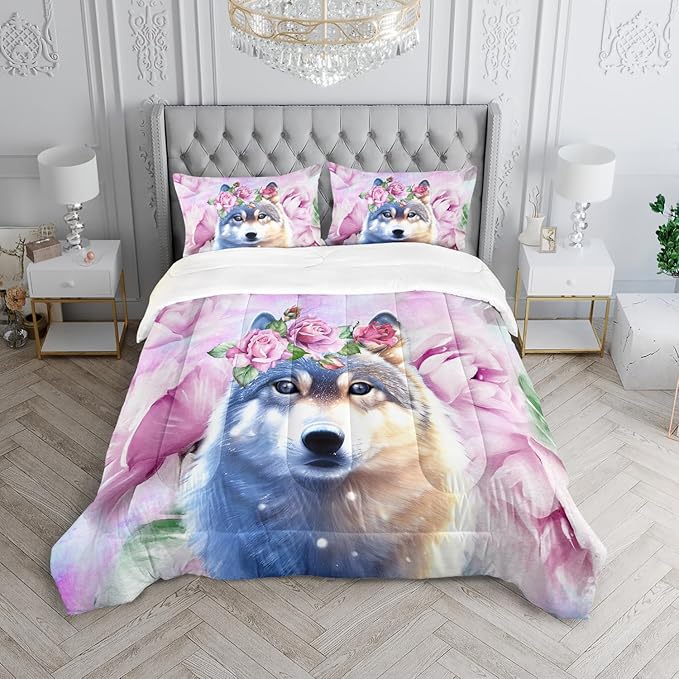 Wolf Comforter Set Tie Dye Wolf Bedding Set for Kids Teens Room Decor Romantic Pink Rose Wild Animals Comforter with 2 Pillowcases