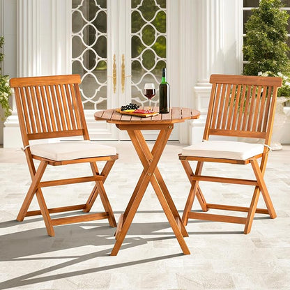 Round Table Heavy Duty 400lbs Capacity Patio Bistro Set 3 Piece Outdoor, Folding Chairs w/Cushion