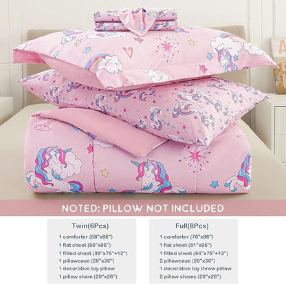Mooreeke Kids Comforter Bed Set Twin Size for Girls, 6 Pieces Bed in a Bag with Shams, Sheet Set, Pink Unicorn Double Soft Microfiber Kids Comforter Bedding Set