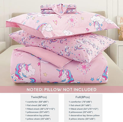 Mooreeke Kids Comforter Bed Set Full Size for s Girls, 8 Pieces Bed in a Bag with Shams, Sheet Set, Pink Unicorn Full Soft Microfiber Kids Comforter Bedding Set