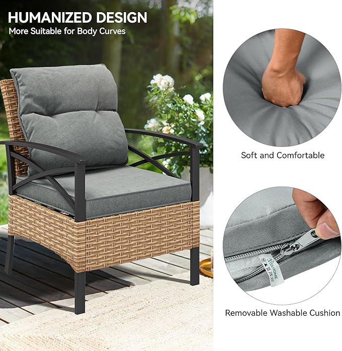 YITAHOME 4-Piece Patio Furniture Wicker Outdoor Bistro Set, All-Weather Rattan Conversation Loveseat Chairs for Backyard, Balcony and Deck with Soft Cushions and Metal Table (Light Brown+Gray)