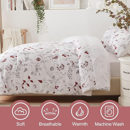 EMME Queen Comforter Set - Red Floral Bedding Set 7 PCS with Flowers Leaves Pattern, Soft Plant Printed Botanical Bed Set with Sheets, Fluffy Bed Bag for All Season(90"X90")