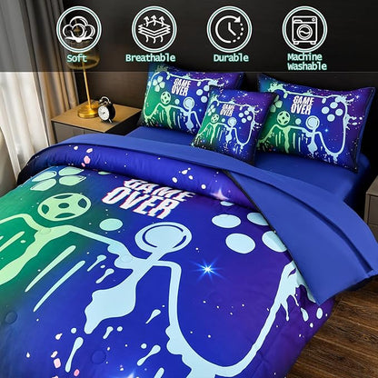 DORCAS Gamer Comforter Set with Sheets for Boys,Twin Size Gamer Bedding Set Boys,6 Pieces Graffiti Green Gaming Comforter Set for Boys Kids Teens(Green&Blue, Twin)