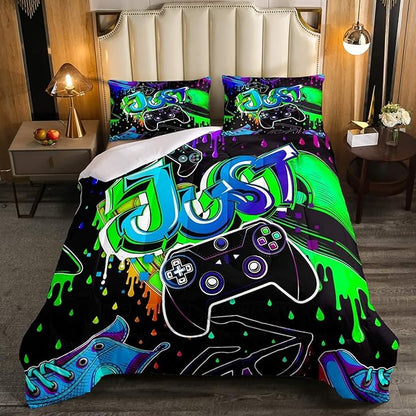 Erosebridal Boy Gaming Comforter Set Full Gamepad Game Bedding Set Gamers Quilt Tie Dye Duvet Set for Kids Teens Hip Hop Quilt Set Cartoon Design Bedding, Colorful Comforter Set
