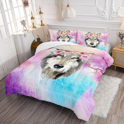Wolf Comforter Set Tie Dye Wolf Bedding Set for Kids Teens Room Decor Romantic Pink Rose Wild Animals Comforter with 2 Pillowcases