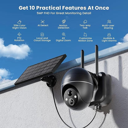 ieGeek 5MP Security Cameras Wireless Outdoor, Solar Outdoor Security Cameras System 360° PTZ with Spotlight & Siren, 2.4Ghz Outdoor Cameras for Home Security,Color Night Vision, Compatible with Alexa