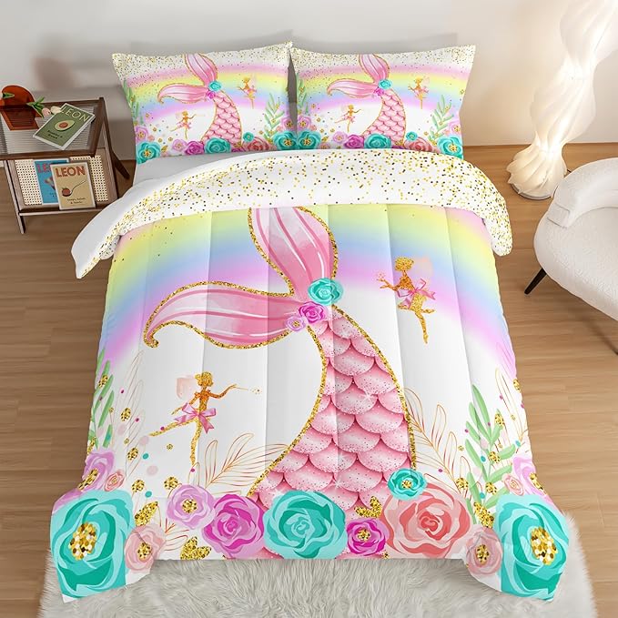 HOSIMA Mermaid Comforter with 2 Pillowcases,Girly Rainbow Bedding Set Glitter Pink Mermaid Tail Comforter Set,Flower Fairies Rose Gold Comforter Set,Floral King Size Comforter Set.