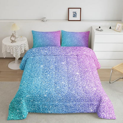 Colorful Glitter Bedding Queen Girly Turquoise Teal Blue Pink Pastel Girls Comforter Set 3 Pcs Trendy Quilt Duvet for Kid Women Down Comforter with Sparkle Sequin Pattern Bling Bedroom Decor Bed Cover