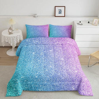 Colorful Glitter Bedding Full Girly Turquoise Teal Blue Pink Pastel Girls Comforter Set 3 Pcs Trendy Quilt Duvet for Kid Women Down Comforter with Sparkle Sequin Pattern Bling Bedroom Decor Bed Cover