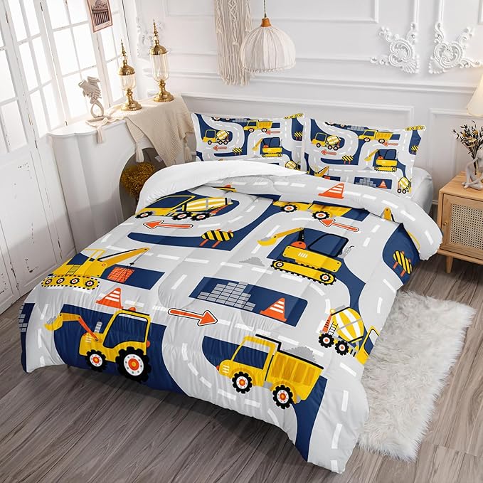 Axolotl Cartoon Excavator Bedding Set Full,Tractor Truck Bedding Set,Boys Construction Bedding Set,Yellow Vehicles Truck Comforter Construction Site Decor for Kids Boys Teens,1 Quilt 2 Pillowcases